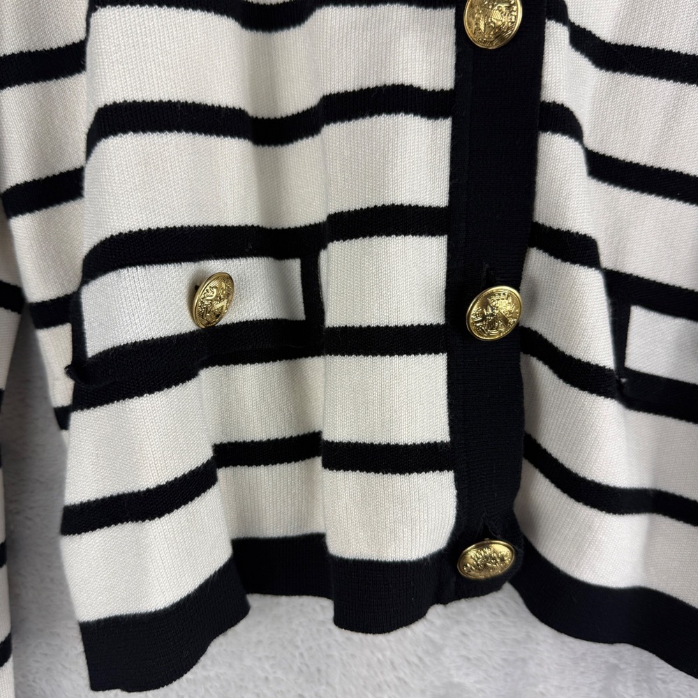 Marled Womens Striped Cardigan Sweater Gold Crest Buttons Black cream Size M - Picture 4 of 8